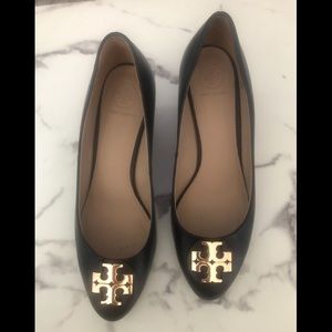 Tory Burch Black Leather Luna Wedge Pumps